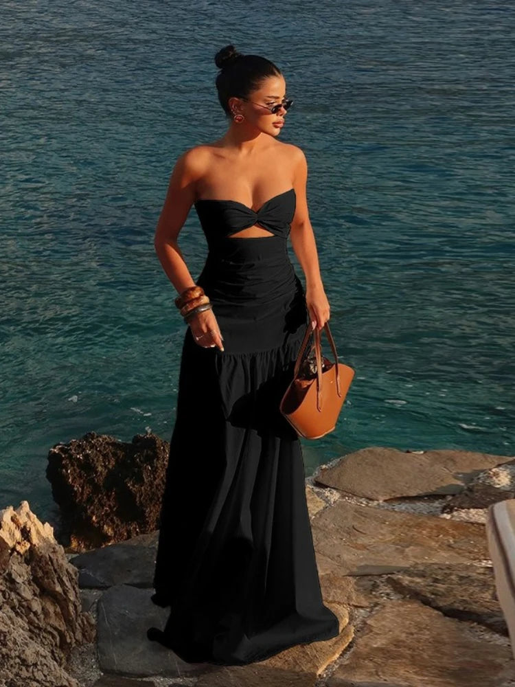 MQTIME  -  Summer European Style Tube Top High Waist A-Line Dress New Sexy Beach Vacation Solid Sleeveless Dresses Hollow Out Maxi Dress