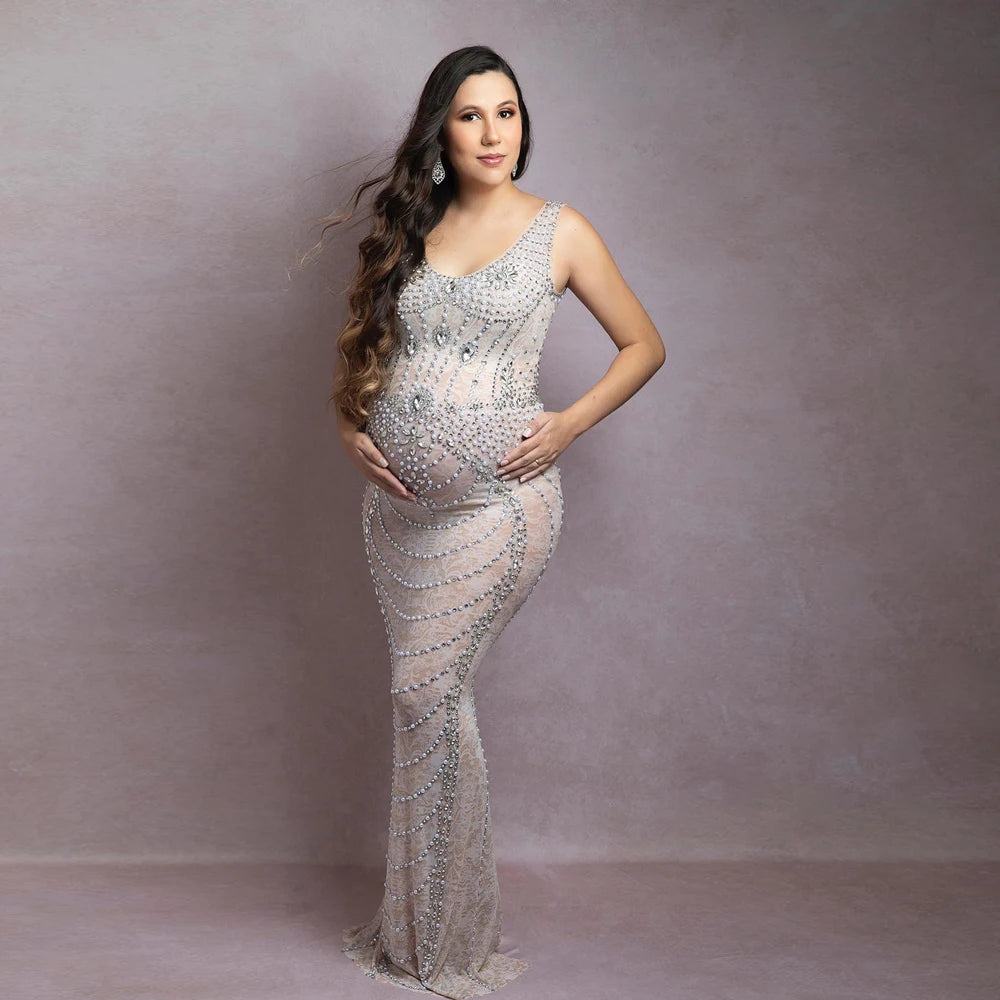 MQTIME  -  Sexy see-through Stretch Maternity Dress Photography Gown Shiny Goddess Rhinestones Pearls Luxurious Dress For Photo Shoot Props