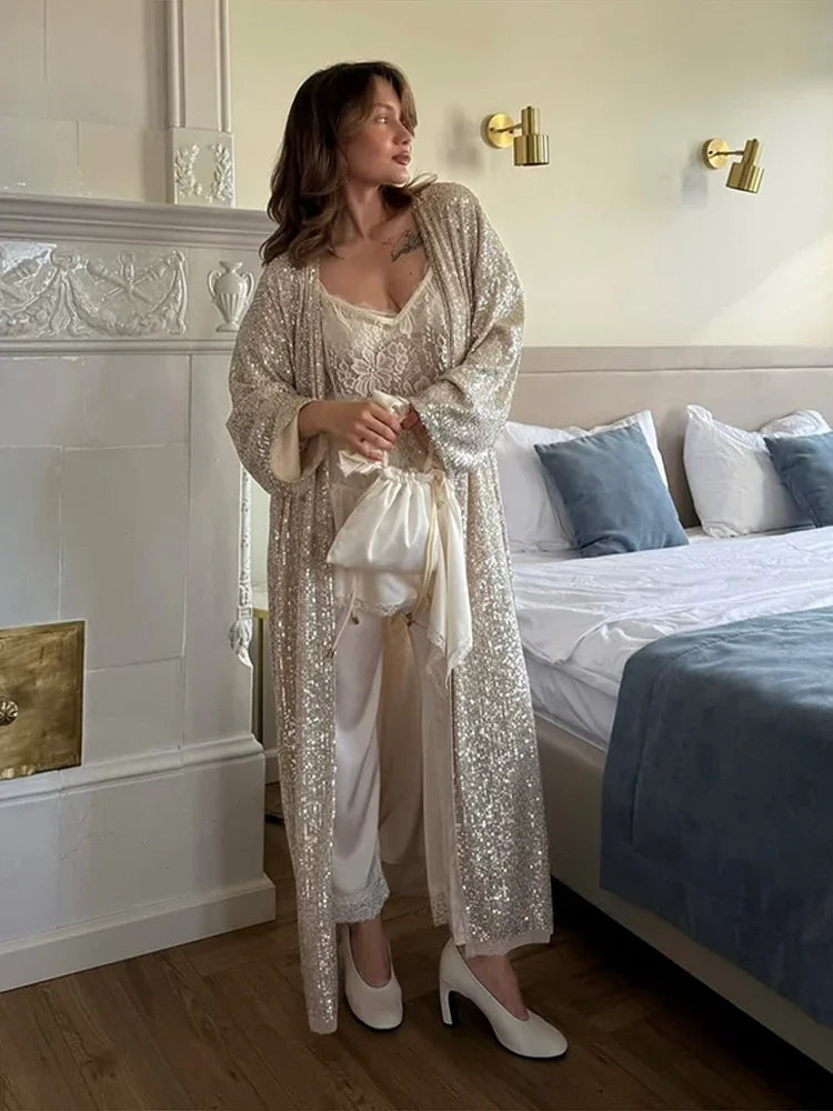 MQTIME  -   Elegant Sequin Women's Cardigan Chic Full Sleeve Oversize Long Jackets Female 2025 Autumn Fashion New Lady High Street Outwears