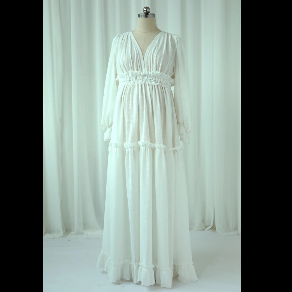 MQTIME  -  Photography Dress For Women Comfortable Linen Cotton Long Sleeved V-neck Dress Maternity Dresses For Photo Shoot Dress