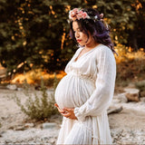 MQTIME  -  Photography Dress For Women Comfortable Linen Cotton Long Sleeved V-neck Dress Maternity Dresses For Photo Shoot Dress