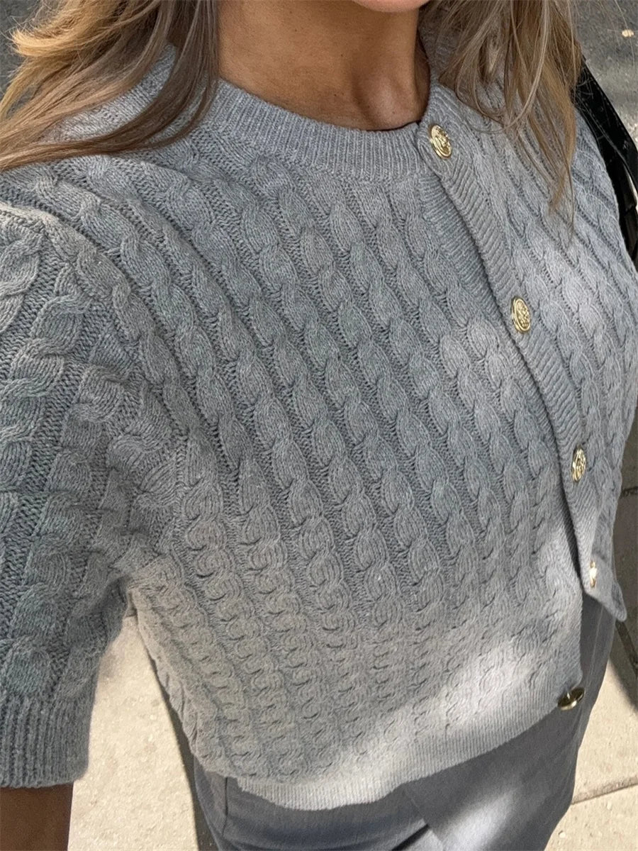 MQTIME  -  Women's Y2K Chic Cable Knitwear Cardigans Striped Short Sleeve Button-down Round Neck Cropped Slim Fit Sweater Tops