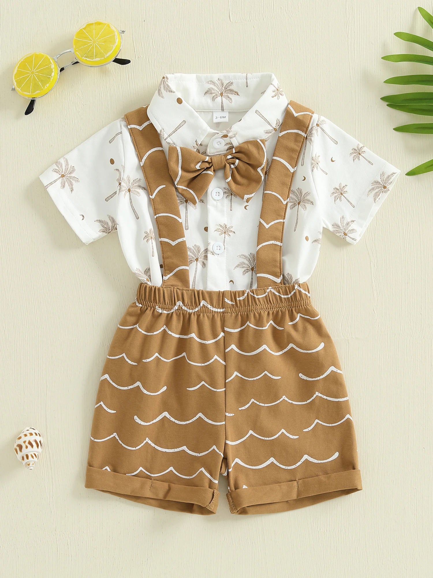 MQTIME  -  Adorable Baby Boy Summer Ensemble with Palm Tree Patterned Shirt Bowtie Elastic Waist Shorts and Suspenders - 2 Piece Set