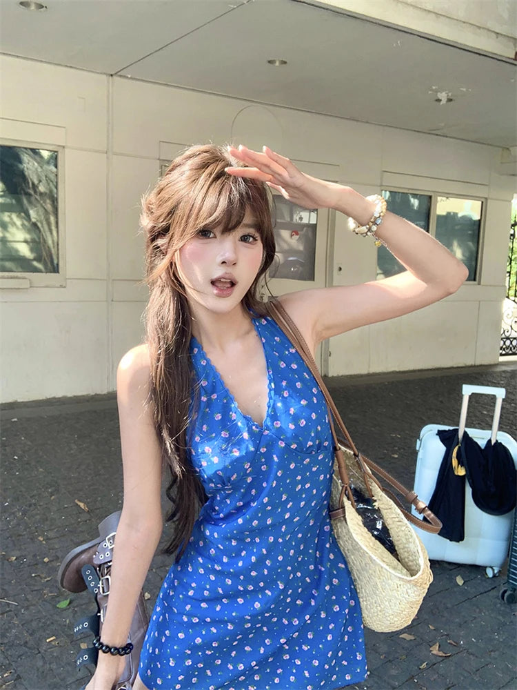 MQTIME  -  Pure Cotton Lace Floral Dress Women Summer Beach Blue V Neck Sexy Mini Dress Sleeveless Halter Casual Vacation Fashion Dress
