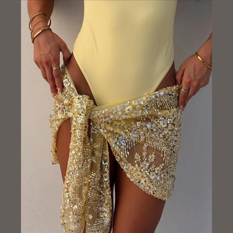MQTIME  -   Sparkly Sequin Sheer Mesh Two-Way Wrap Skirt  Women's Adjustable Tie Mini Skirts Summer New Sexy Beach Vacation Party Cover Up
