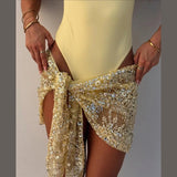 MQTIME  -   Sparkly Sequin Sheer Mesh Two-Way Wrap Skirt  Women's Adjustable Tie Mini Skirts Summer New Sexy Beach Vacation Party Cover Up