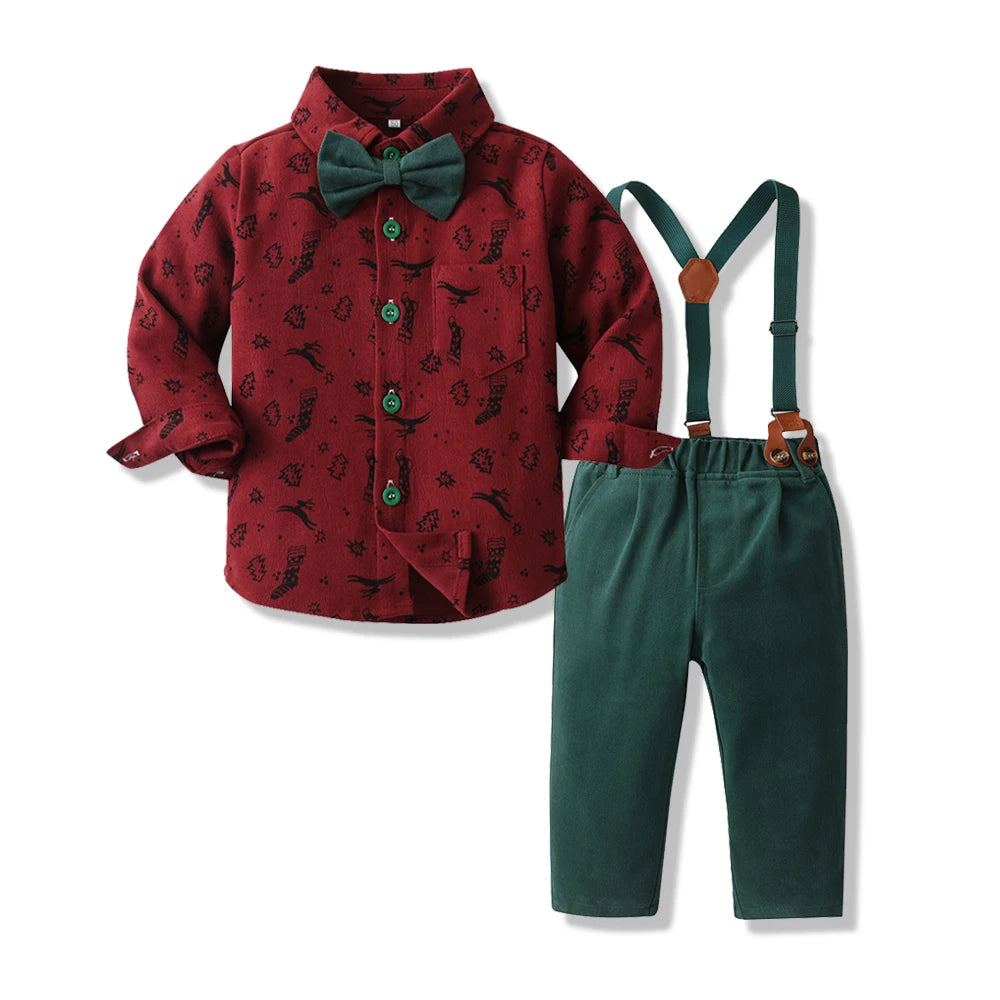 MQTIME  -  Christmas Toddler Kids Boys Gentleman Clothing Sets Long Sleeve Cartoon Bowtie Casual Shirts+Suspenders Pants Outfit