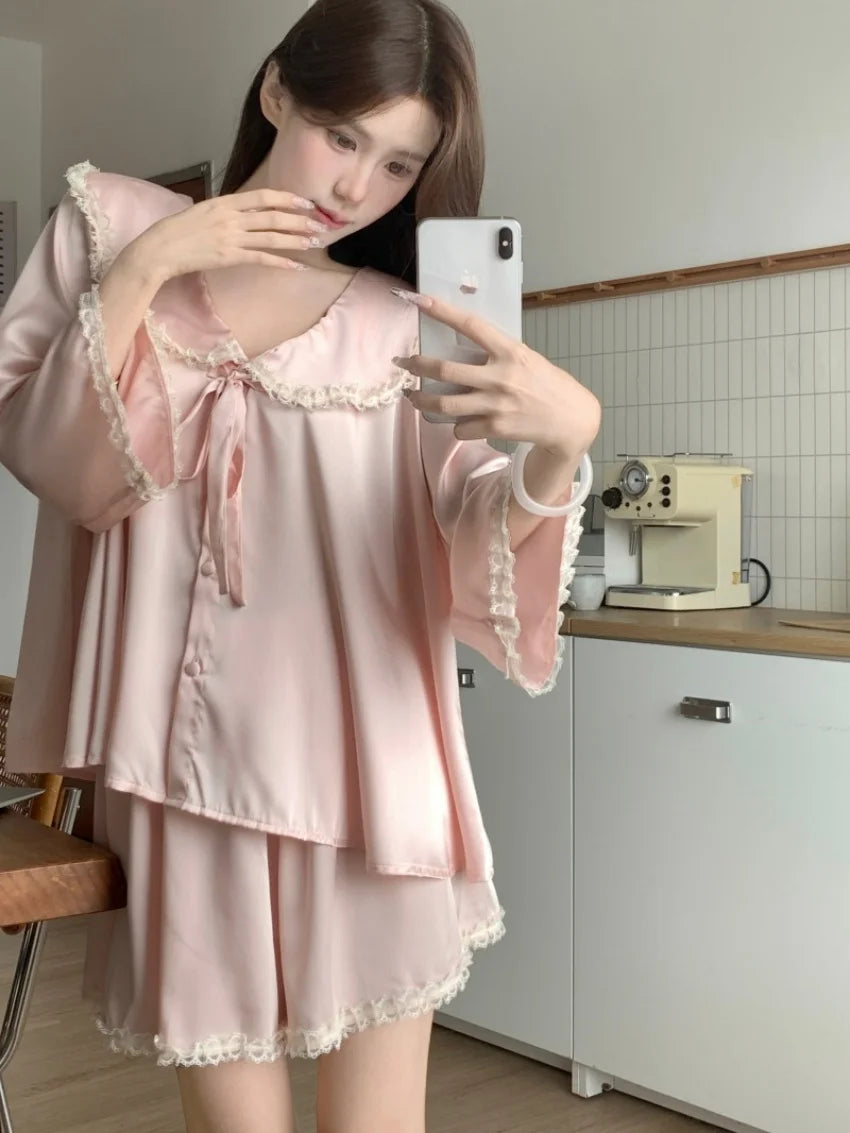 MQTIME  -  Women Sweet Solid Pajamas Sets Chic Loose New Summer 2025 Wide Leg Shorts Comfortable Home Wear Minimalist Suits