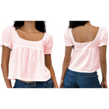 MQTIME  -  Women's Y2K Cute Ruffled Puff Short Sleeve Solid Color Cropped T-Shirts Square Neck Summer Babydoll Tops Streetwear