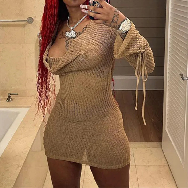 MQTIME  -  V Neck Backless Beach Mini Dress For Women Knitted Fishnet See Through  Long Sleeve Club Sexy Elastic Casual Party Vestidos