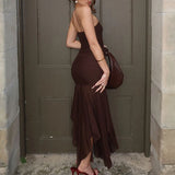 MQTIME  -  Women Sexy Strapless Mesh Patchwork Irregular Hem Party Long Dress Pleated Tight Backless Club Sleeveless Summer Vestidos