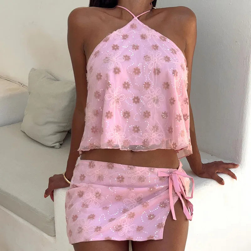 MQTIME  -  Sexy Halter Tops and Short Skirt Suit Women Fashion Pattern Printed Club Party Outfits Elegant Split Tie-Up MIni Skirt 2Pc Sets