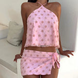 MQTIME  -  Sexy Halter Tops and Short Skirt Suit Women Fashion Pattern Printed Club Party Outfits Elegant Split Tie-Up MIni Skirt 2Pc Sets