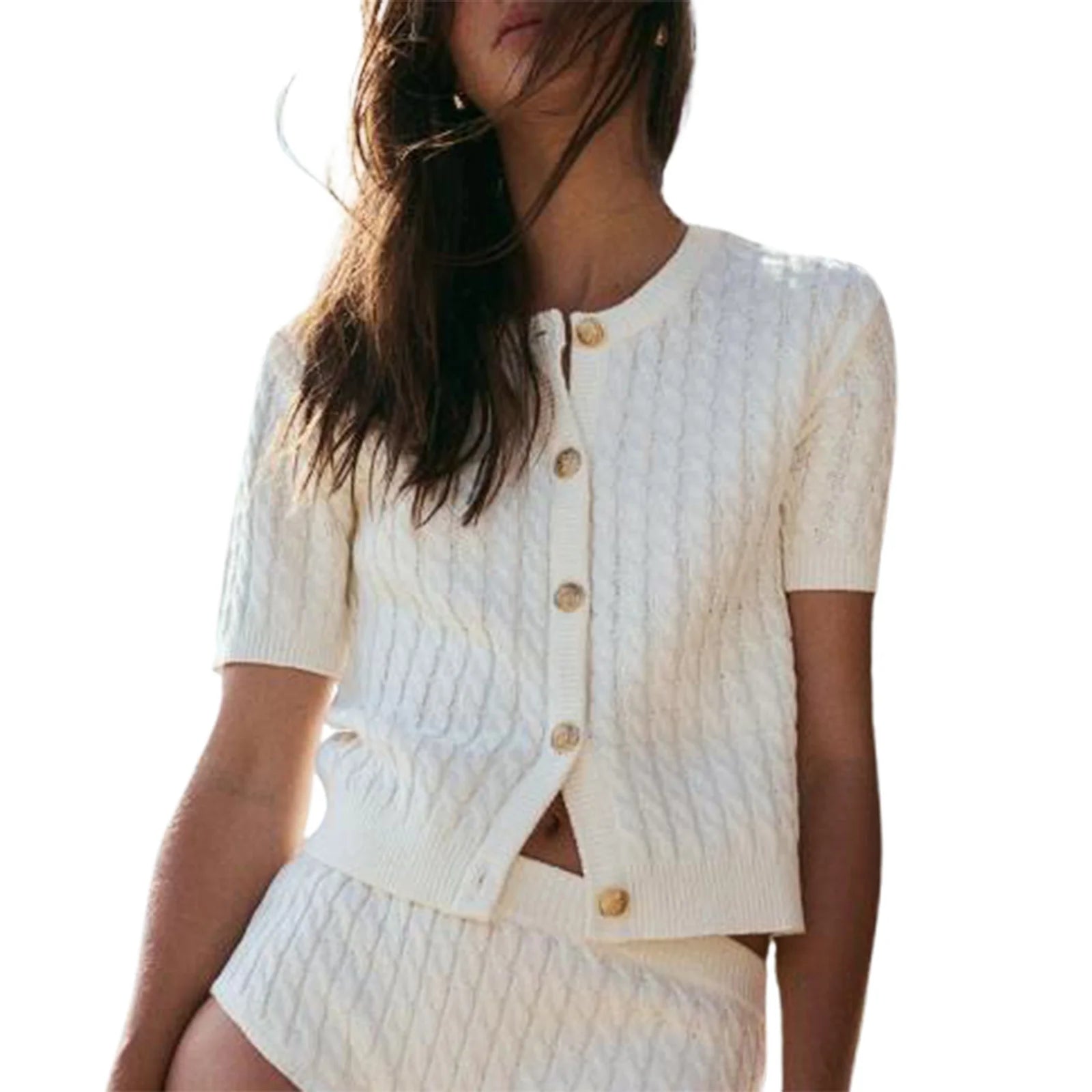 MQTIME  -  Women's Y2K Chic Cable Knitwear Cardigans Striped Short Sleeve Button-down Round Neck Cropped Slim Fit Sweater Tops