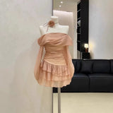 MQTIME  -  French Style Off Shoulder Lantern Sleeve Dress Women Slim Fit Waist A-Line Ruffled Cake Dress Prom Floral Tie Up Bustier Dresses