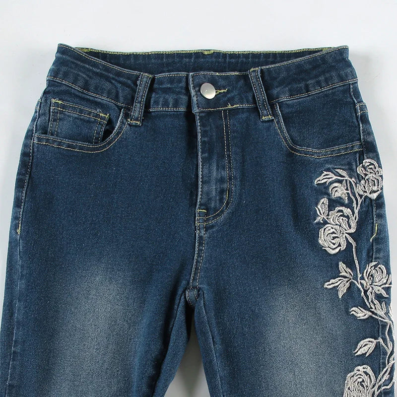 MQTIME  -  Chic Rose Embroidered Gradient Slightly Flared jeans for Women Slim Low Rise Dragging Denim Pants Casual Elegant Fashion Trouser