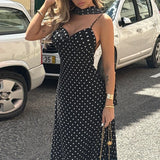 MQTIME  -  Women's French Style Polka Dot Printing Sexy V-neck Camisole Backless Loose Dress Sleeveless Summer Party Gowns