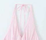 MQTIME  -  Summer New Arrivals Women's Wear Pure Color Temperament Sexy Backless Wave-Style Wide-Sleeve Halter Short Dress