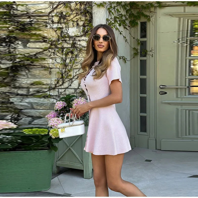 MQTIME  -   Casual Solid Knit Dress Women Elegant Short Sleeve Slim Single Breasted A-line Dresses Female 2025 Fashion Summer Lady Mini Robe
