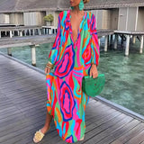 MQTIME  -  Women Maxi Dresses Summer Long Sleeve V-Neck Dress Fashion Printed Female Vacation Beach Long Dress Lady Elegant Loose  Robes