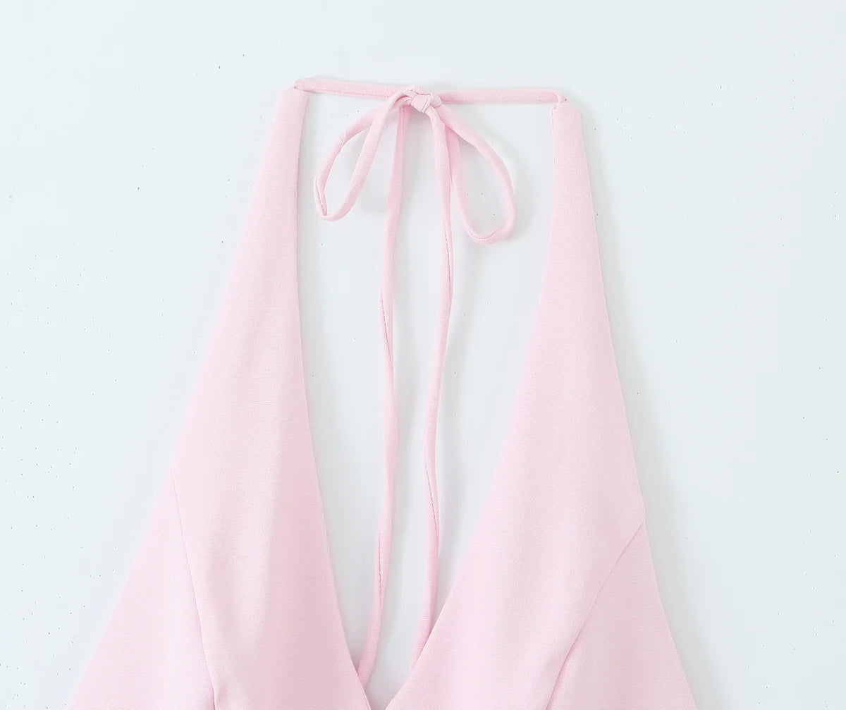 MQTIME  -  Summer New Arrivals Women's Wear Pure Color Temperament Sexy Backless Wave-Style Wide-Sleeve Halter Short Dress