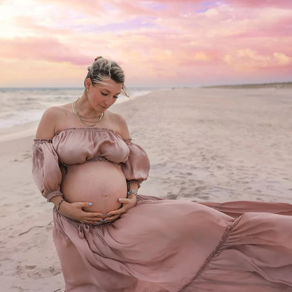 MQTIME  -  Maternity Photography Gown Soft Satin Off Shoulder Pregnant Woman Two piece set Dresses Bohemian Photo Shooting Pregnancy Dress