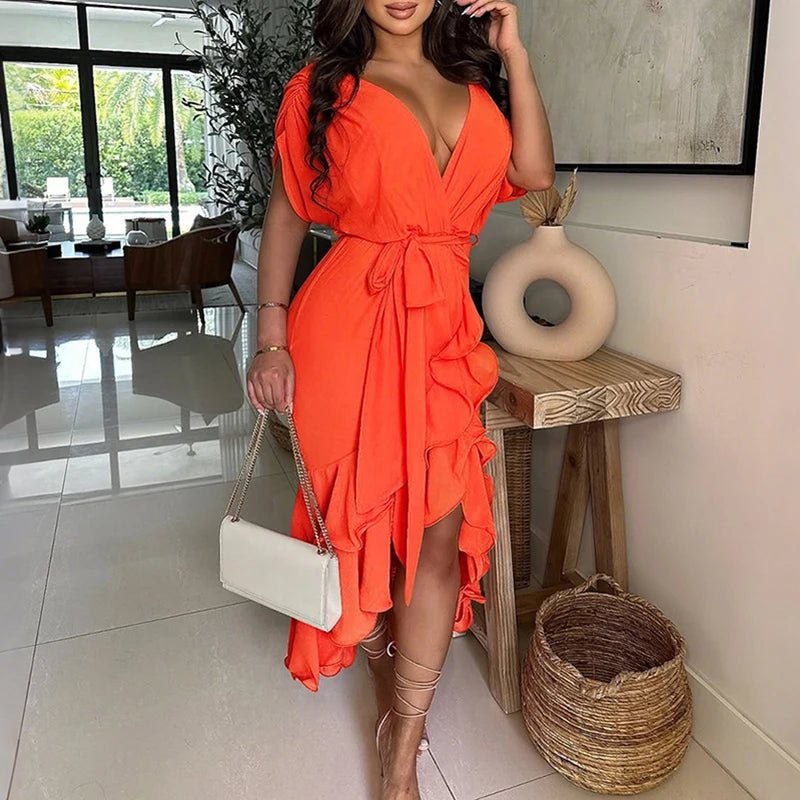 MQTIME  -  New Tie Up Irregular Long Dress Summer Casual Short Sleeve Commute Dress Office Lady Deep V Ruffles Solid Color Evening Dresses