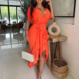 MQTIME  -  New Tie Up Irregular Long Dress Summer Casual Short Sleeve Commute Dress Office Lady Deep V Ruffles Solid Color Evening Dresses