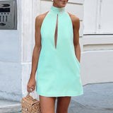 MQTIME  -  Women Casaul Sleeveless Solid Color Party Dress Fashion Hight Waist Loose Summer Dress Elegant Turtleneck Hollow Out Vest Dress