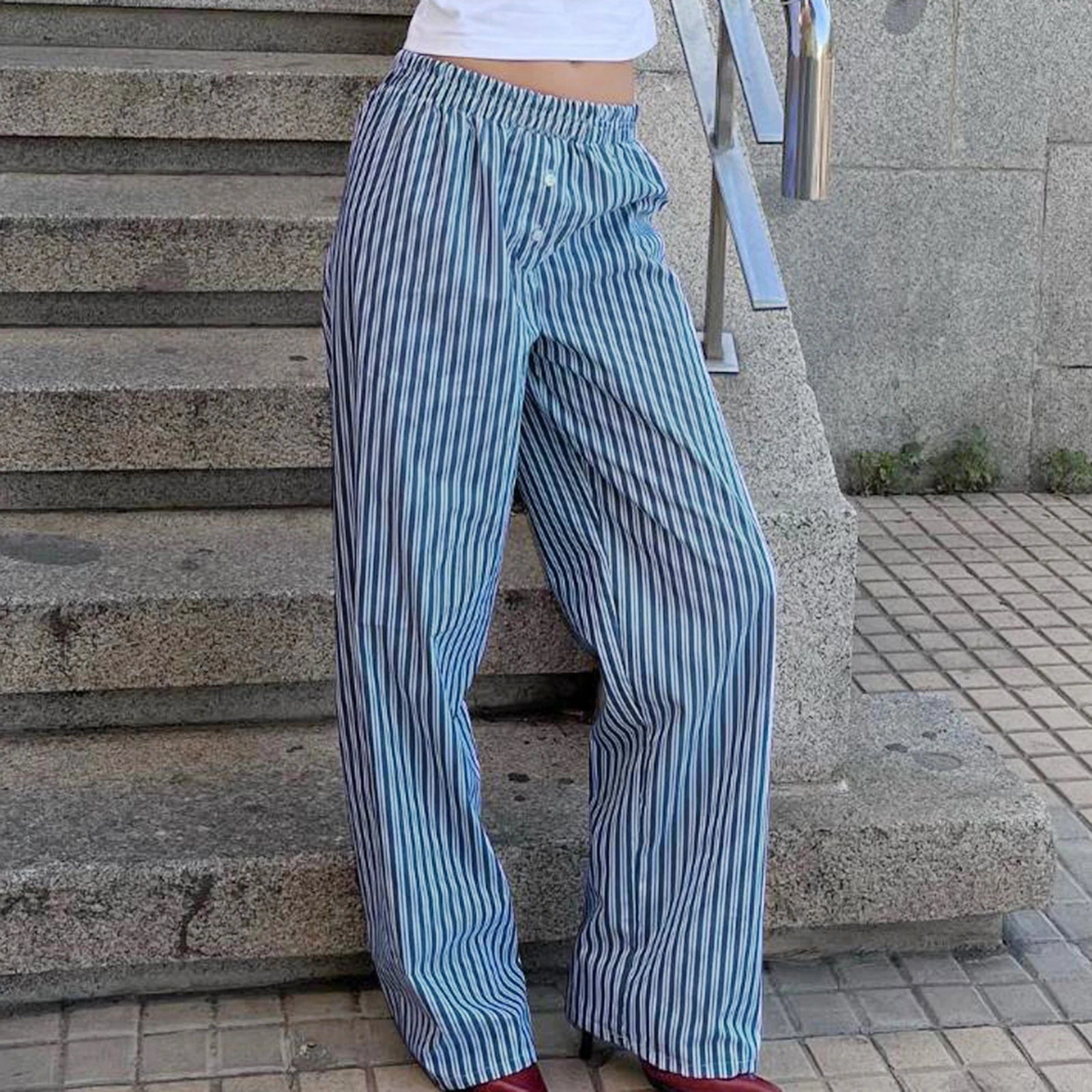 MQTIME  -  Womens Casual Cleanfit Striped Pants Elastic Low Waist Striped/Plaid Loose Aesthetic Trousers Streetwear with Pockets