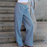 MQTIME  -  Womens Casual Cleanfit Striped Pants Elastic Low Waist Striped/Plaid Loose Aesthetic Trousers Streetwear with Pockets