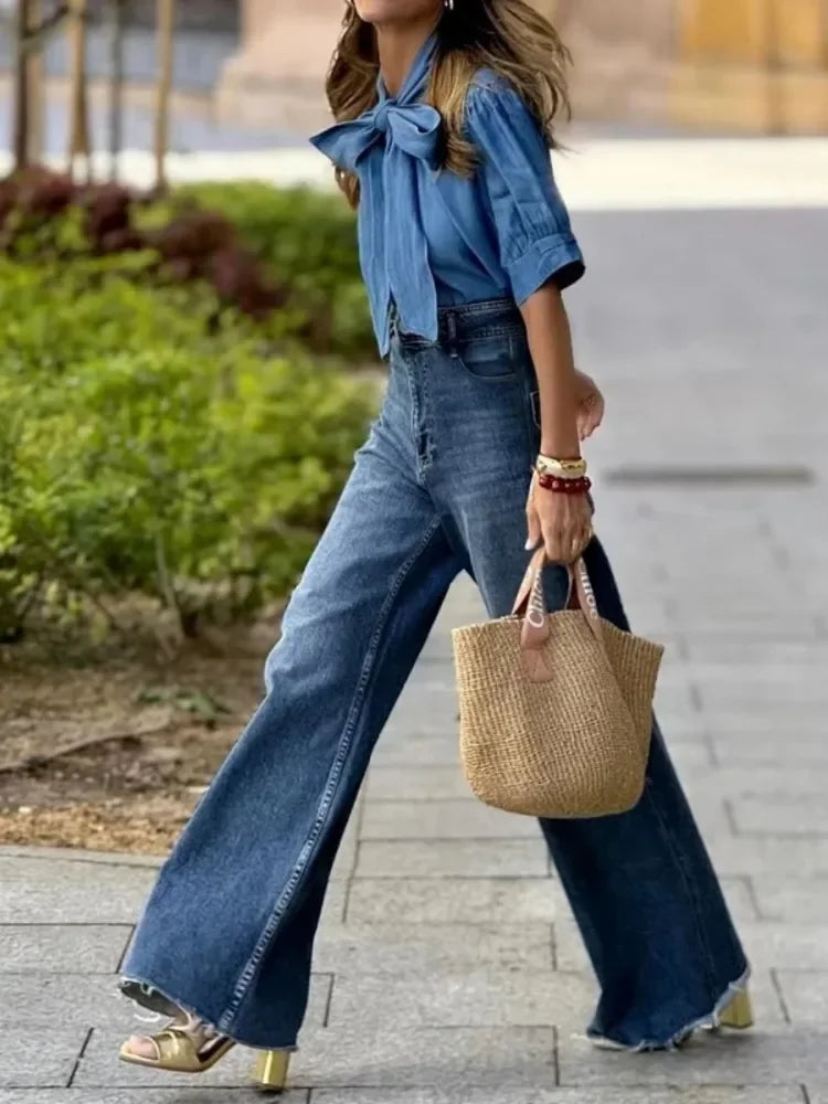 MQTIME  -  Women's Vintage Blue High Waist Jeans Autumn Full Length Urban Casual Straight Leg Denim Pants Trousers Bottoms