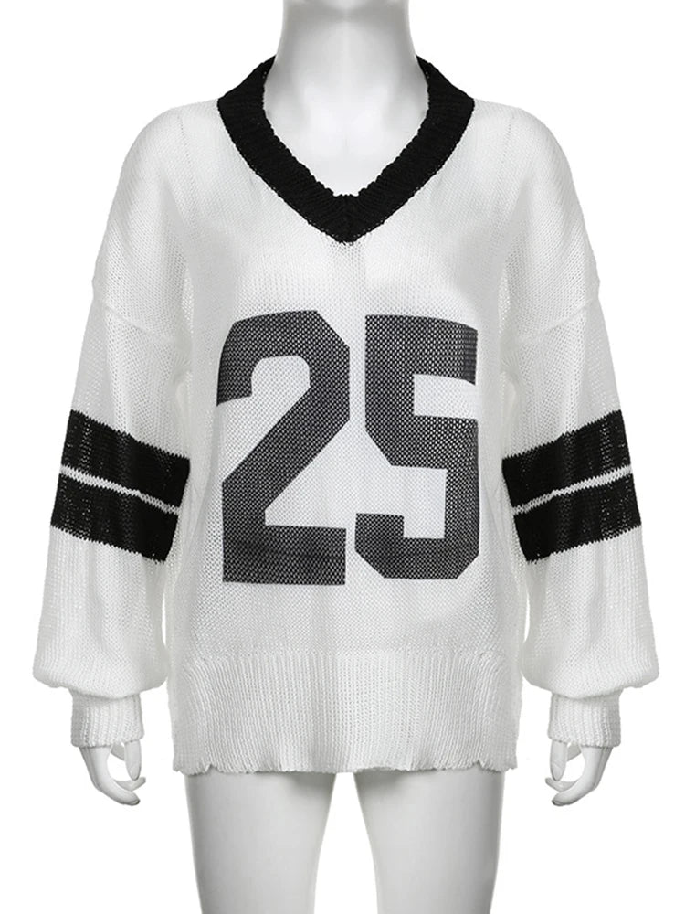 MQTIME  -  Digital Print Contrast Color Pullover Sweater For Women Hollow See Through V-neck Long Sleeve Loose Casual Sports Top