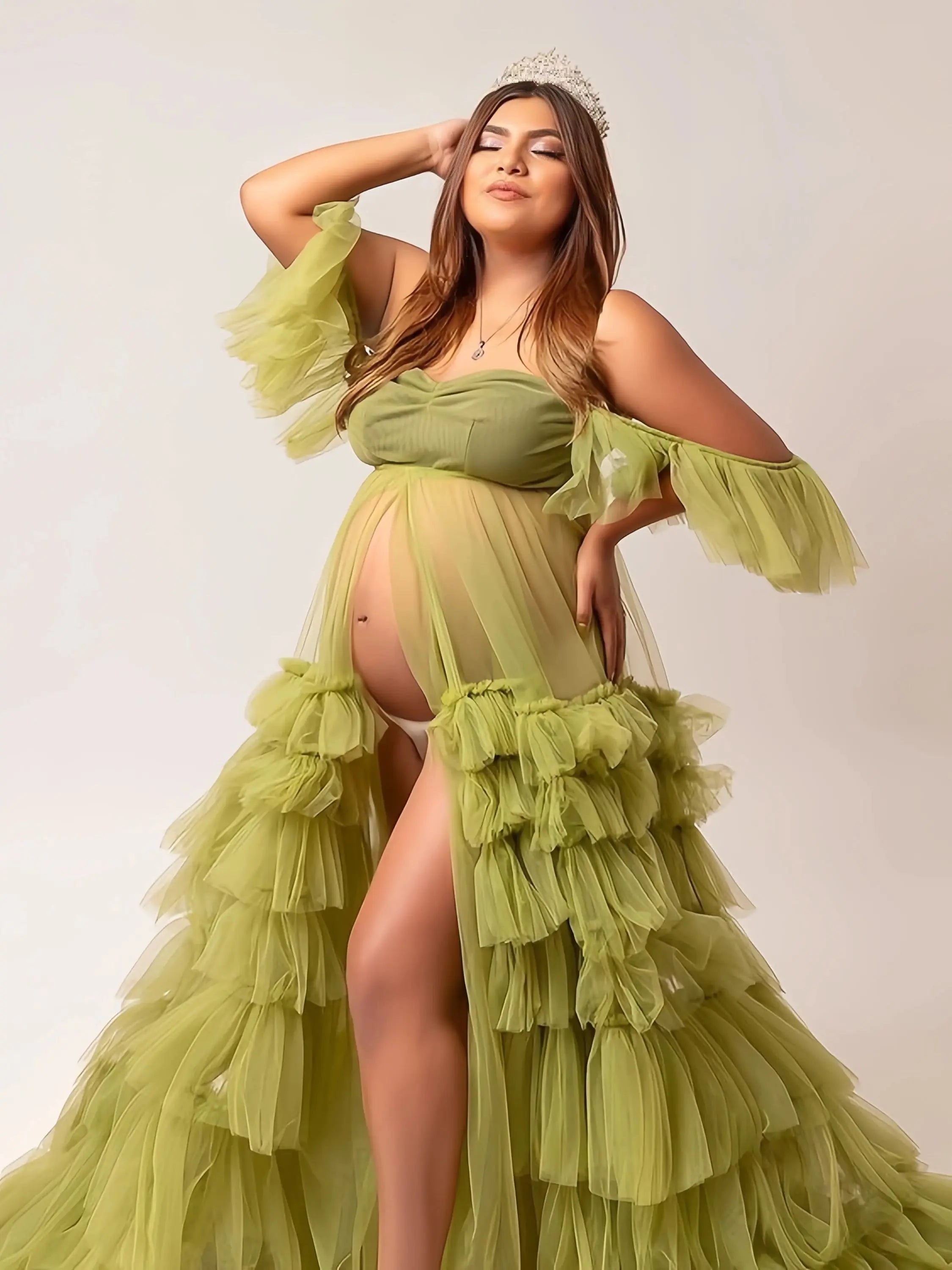 MQTIME  -  Mint Green Tulle Maternity Robes Sweetheart Tiered Pregnant Dresses Photo Shoot Sexy Ruffles Slit  Party Gowns vestido