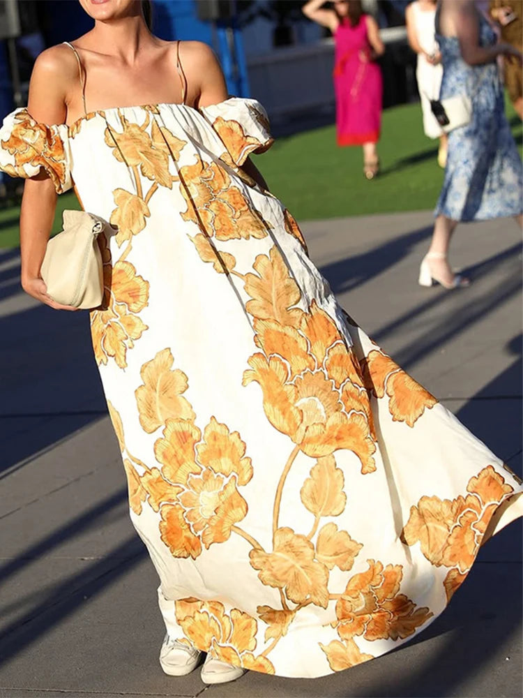 MQTIME  -  Women Elegant Patterns Print Loose Party Dress Fashion Hight Waist Suspender Dress Sexy Off Shoulder Short Sleeve Vacation Dress