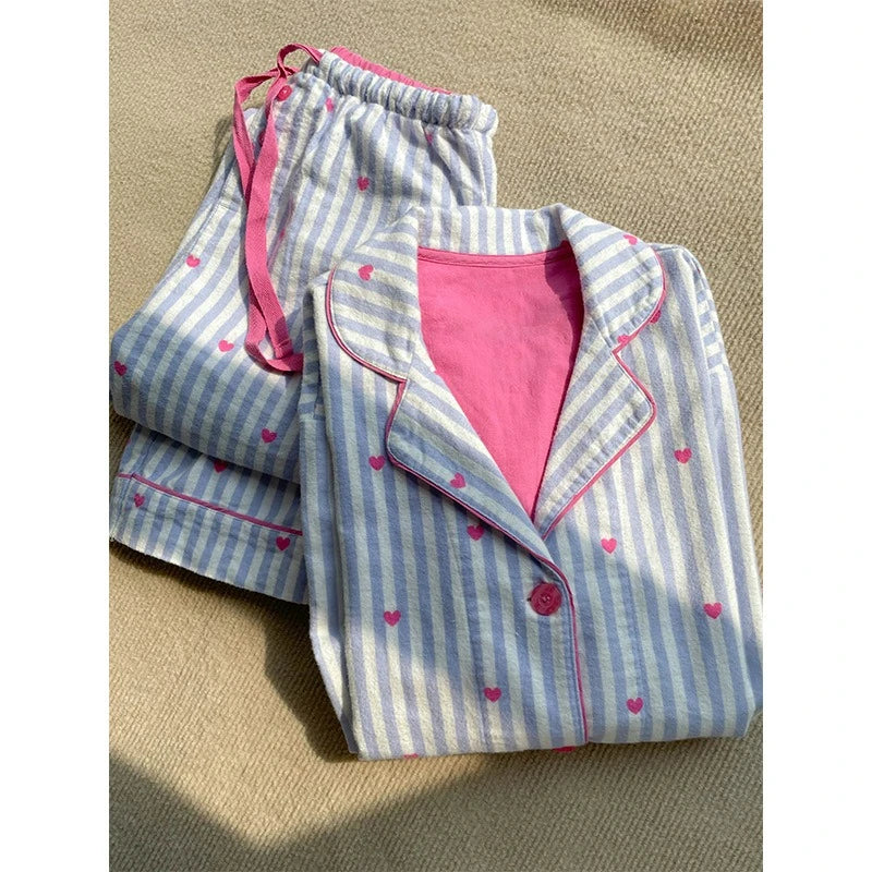 MQTIME  -  Ins Korean Version of Sweet Love Printing Striped Pajamas Women's Spring and Autumn New Long-sleeved Trousers Loungewear Set
