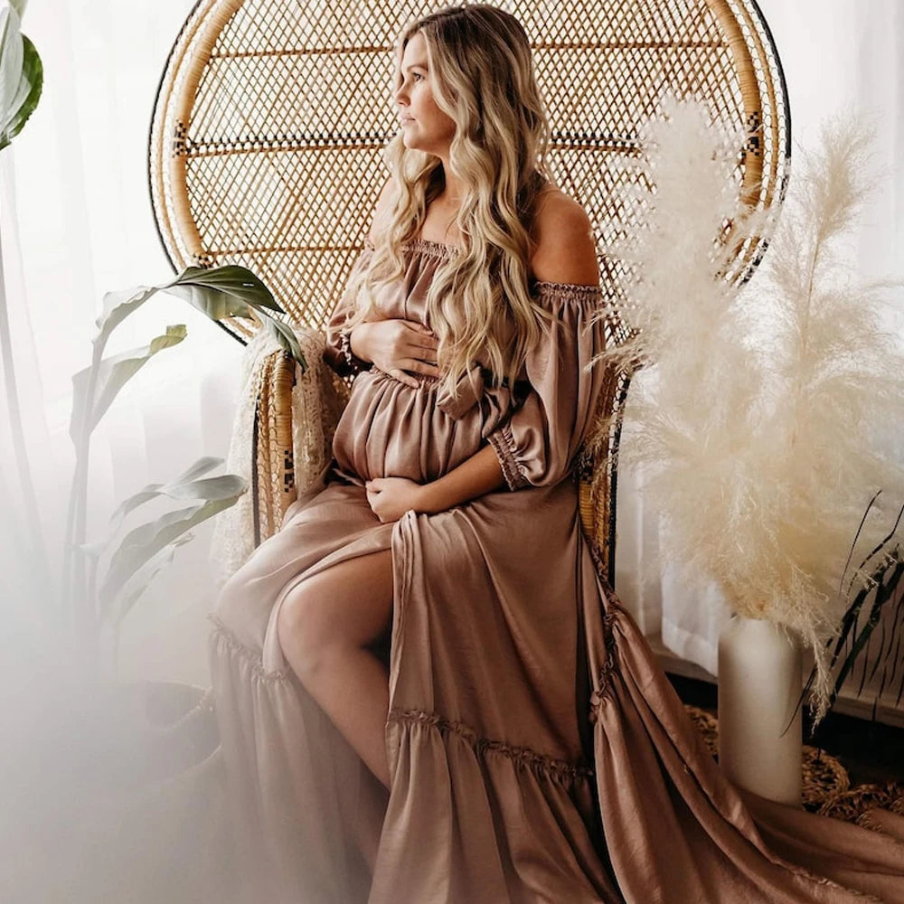 MQTIME  -  Maternity Photography Gown Soft Satin Off Shoulder Pregnant Woman Two piece set Dresses Bohemian Photo Shooting Pregnancy Dress