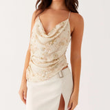 MQTIME  -  Women Summer Flower Embellished Sequin Beading Camisole Top Cowl Neck Thin Straps Open Back Asymmetrical Hem Vest