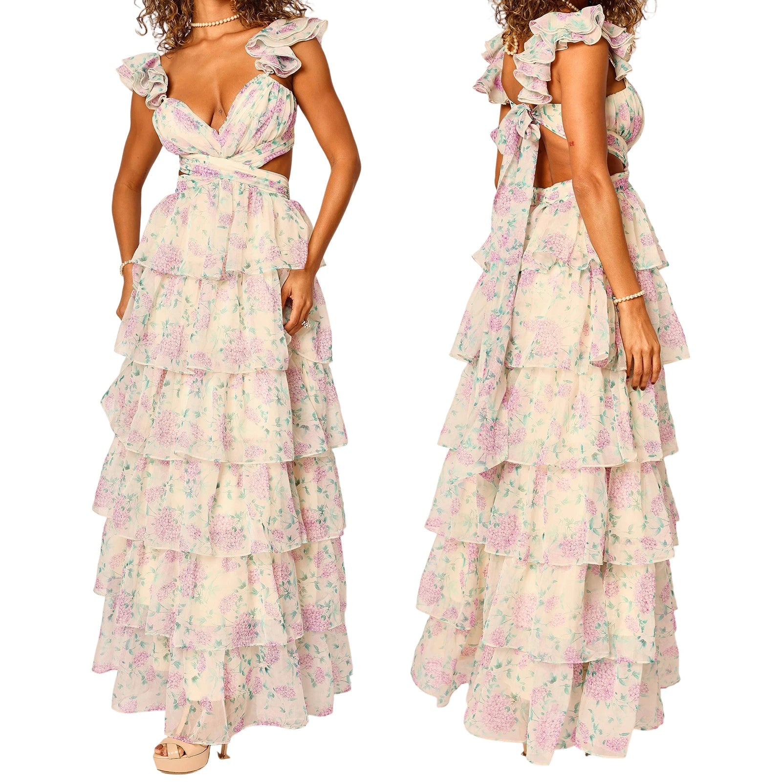 MQTIME  -  Women Summer Floral Print Ruched Bust Sleeveless V-Neck Ruffle Layered Lace-up Backless Flowy A-Line Long Cake Dress