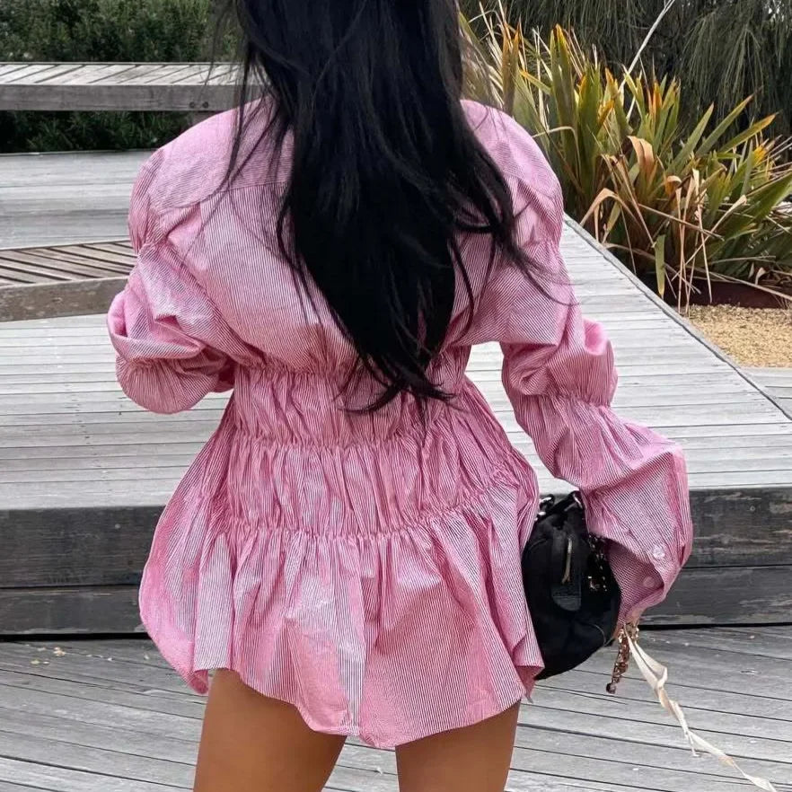 MQTIME  -  Spring 2025 New Style Checked Fitted Blouse for Ladies with Pleated Sleeves and Shirt Design streetwear dress for women