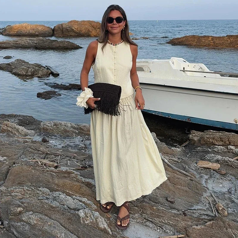 MQTIME  -  Casual Solid Vest Pleated Skirt Set Women Sleeveless Button Patchwork Tops A-line Skirts Sets Female 2025 Summer Beach Lady Suit