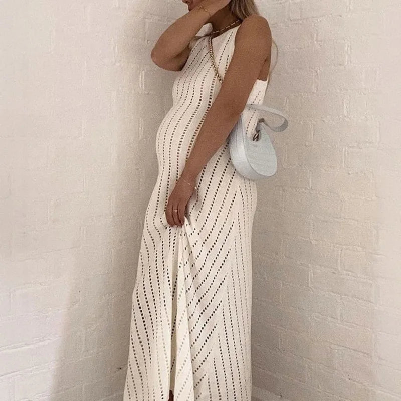 MQTIME  -  Knitted Beach Vacation Hollow Long Dress Lady O-neck Sleeveless Vest Summer A-line Dress Simple Solid Color Beach Cover Up Dress