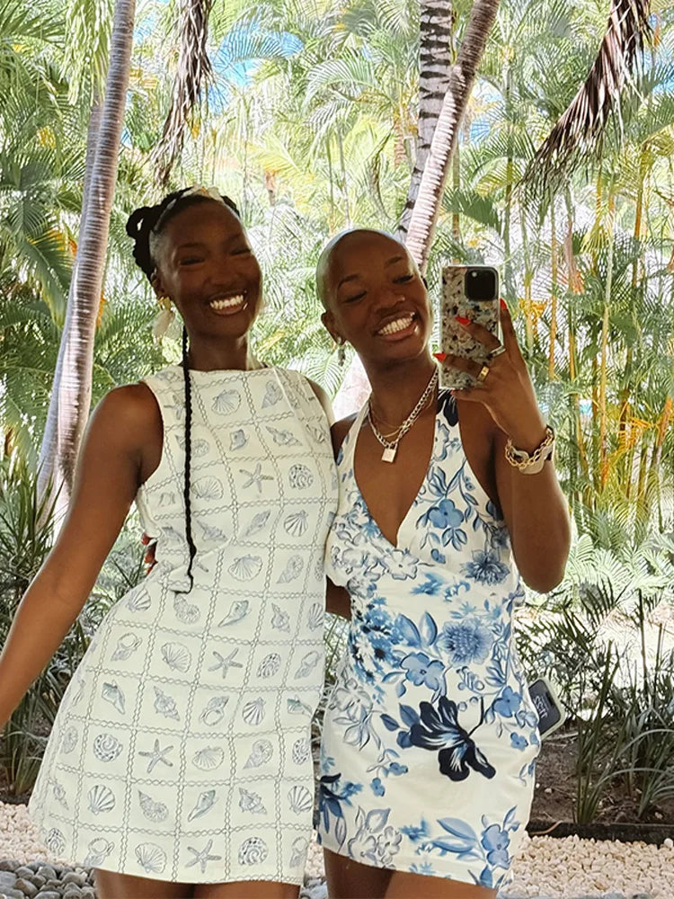 MQTIME  -  Print Sleeveless Short Dress Woman Patchwork Round Neck Solid Slim A-line Dresses Fashion Summer Vacation Beach Women's Vestidos