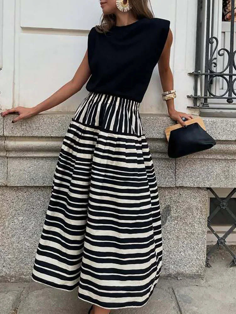 MQTIME  -  Spring Fall Casual Big Swing Party Skirt Fashion Striped Printed Half Skirt For Women Elegant Hight Waist Draped Bohe Long Skirt