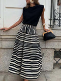 MQTIME  -  Spring Fall Casual Big Swing Party Skirt Fashion Striped Printed Half Skirt For Women Elegant Hight Waist Draped Bohe Long Skirt