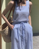 MQTIME  -  Refreshing Summer Style Square Neck Blue Stripe Sleeveless Tank Top Paired With High Waist Slim Skirt Two Piece Set
