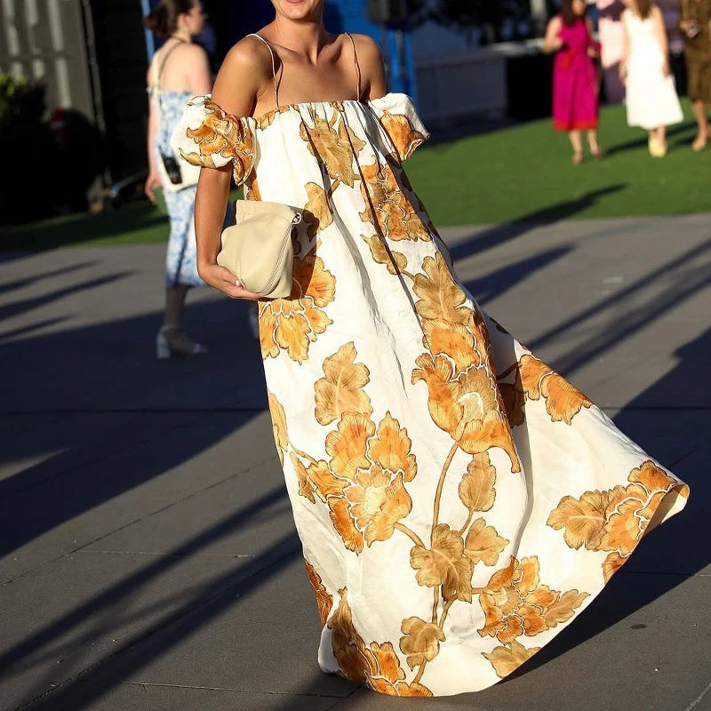 MQTIME  -  Women Elegant Patterns Print Loose Party Dress Fashion Hight Waist Suspender Dress Sexy Off Shoulder Short Sleeve Vacation Dress