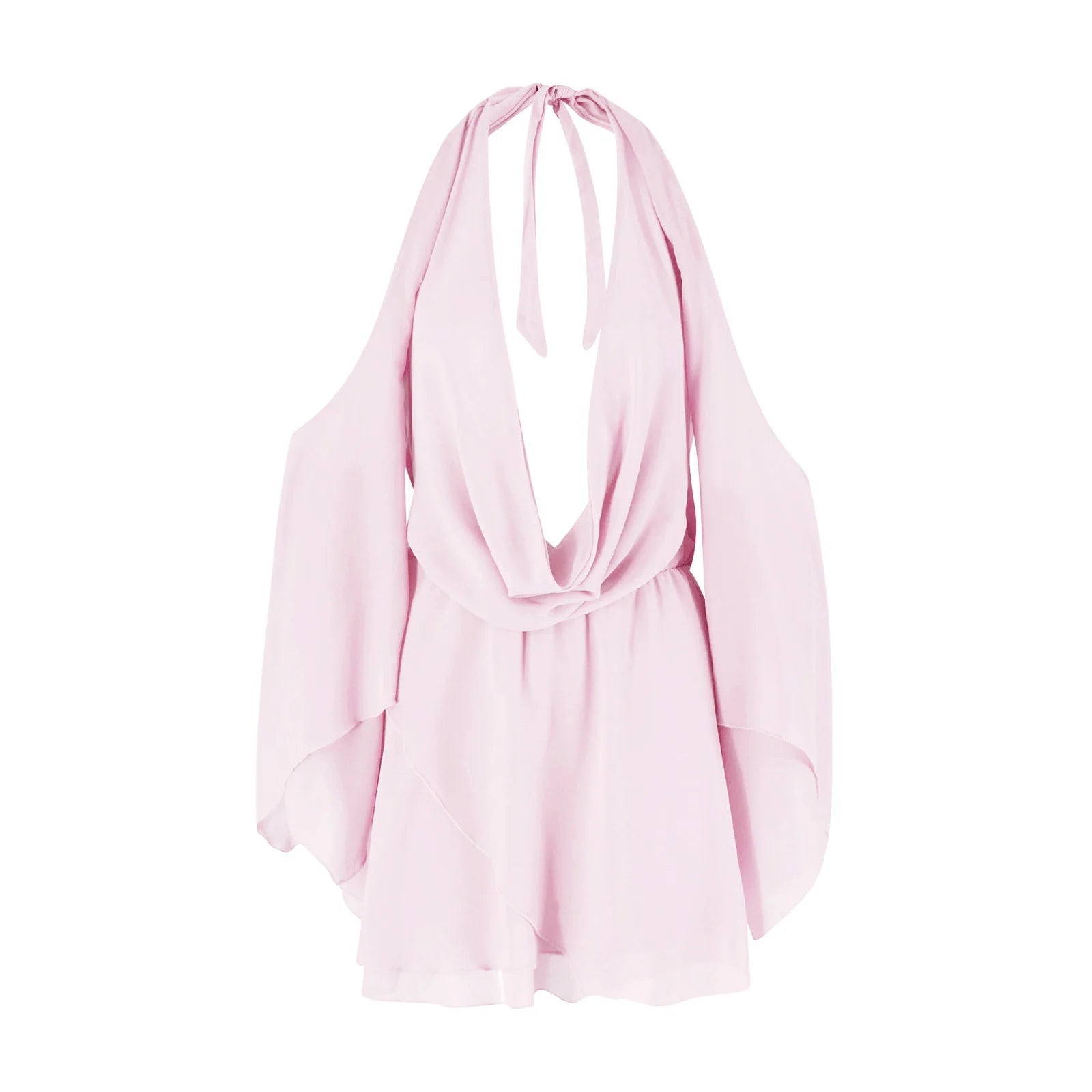 MQTIME  -  Summer Womens Sexy Solid Color Tie Up Hanging V-Neck Cold Shoulder Flare Long Sleeve Backless Short Mini Ruffle Dress