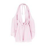 MQTIME  -  Summer Womens Sexy Solid Color Tie Up Hanging V-Neck Cold Shoulder Flare Long Sleeve Backless Short Mini Ruffle Dress