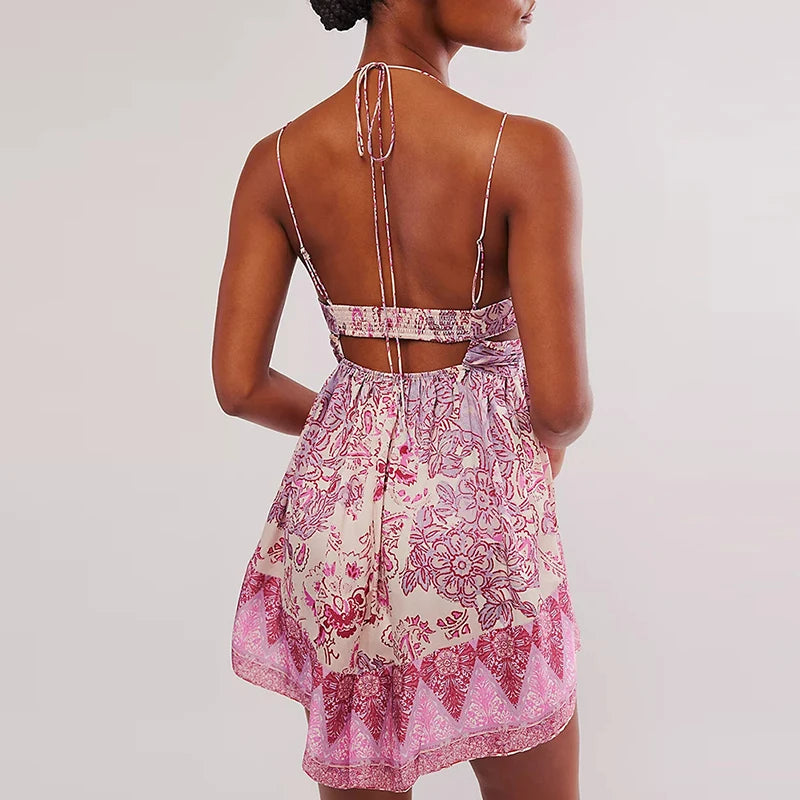 MQTIME  -  Sweet Girl Floral Print Suspender Short Dress Sexy Backless Sleeveless Club Mini Dress Elegant Hollow Out Party Dress for Women